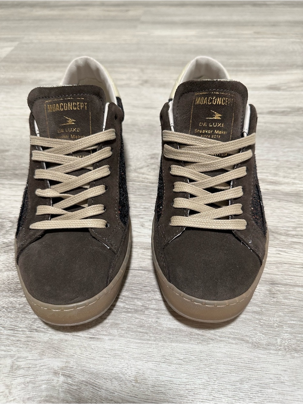 MOACONCEPT De Luxe Glitter Suede Leather Sneakers EU 39 Brown Italy Luxury